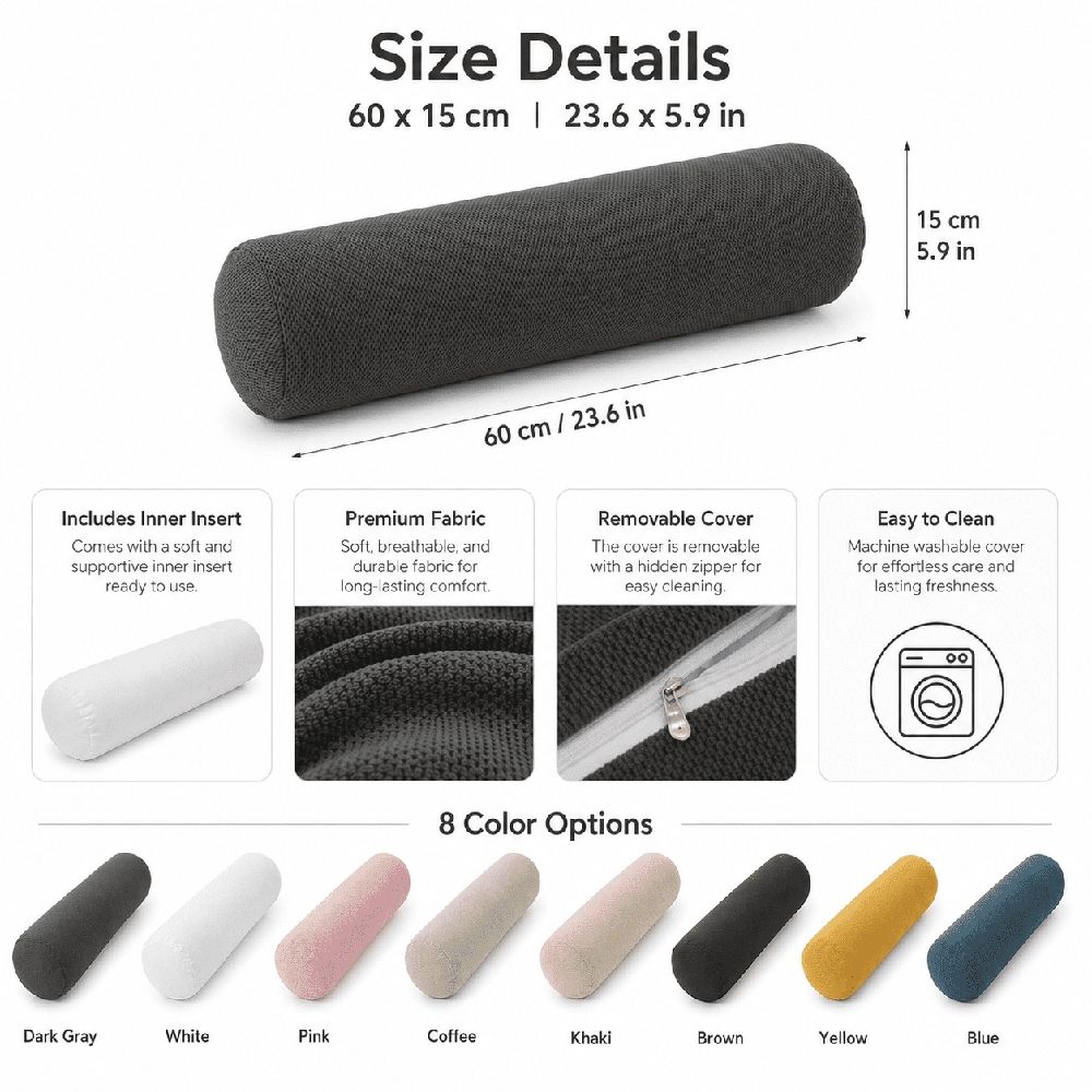 Round Cylinder Bolster Pillow with Removable Velvet Cover, Tube Roll Cervical Pillow for Head, Neck, Back and Legs Support, 23.6" x 6