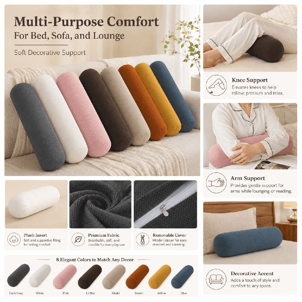 Round Cylinder Bolster Pillow with Removable Velvet Cover, Tube Roll Cervical Pillow for Head, Neck, Back and Legs Support, 23.6" x 6