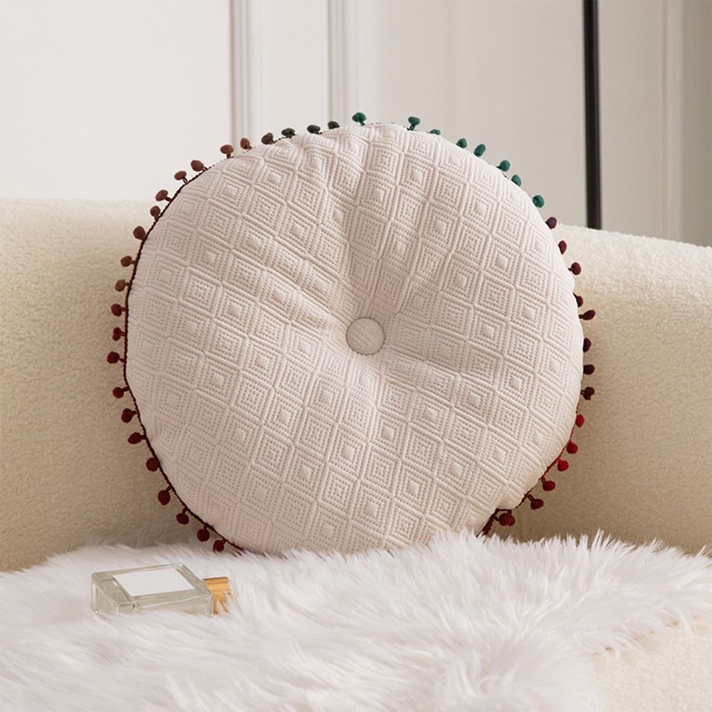 Round Pillow Cushion, Velvet Decorative Small Throw Pillow with Tassels for Living Room Sofa Bedroom Office, 15.74'x15.74'x2.76', White