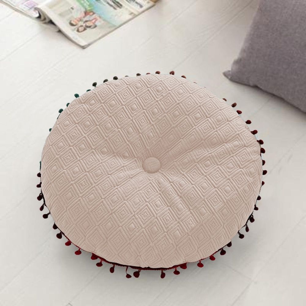 Round Pillow Cushion, Velvet Decorative Small Throw Pillow with Tassels for Living Room Sofa Bedroom Office, 15.74'x15.74'x2.76', White