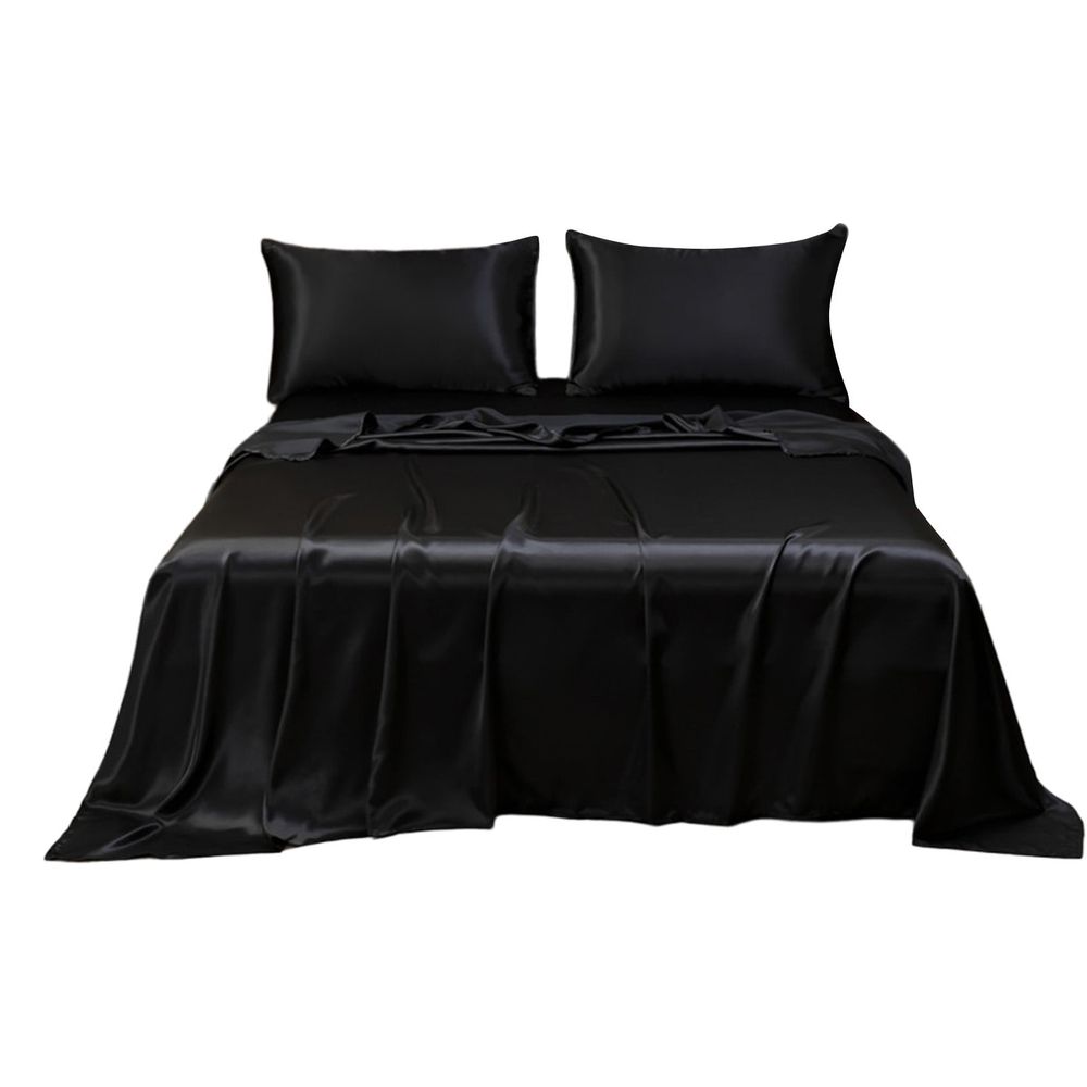 Queen Size Satin Sheet Sets, 3 Piece Silk Microfiber Bed Sheet Set, 1 Flat Sheet, and 2 Pillowcases, Cooling Soft Bedding, Blue