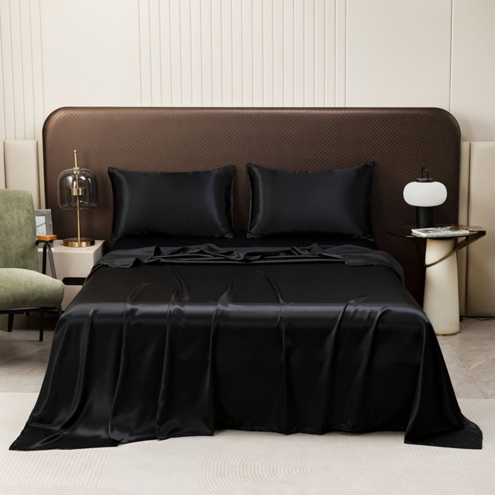 Queen Size Satin Sheet Sets, 3 Piece Silk Microfiber Bed Sheet Set, 1 Flat Sheet, and 2 Pillowcases, Cooling Soft Bedding, Blue