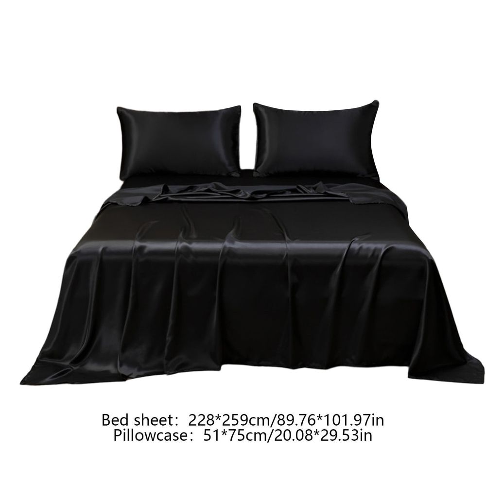 Queen Size Satin Sheet Sets, 3 Piece Silk Microfiber Bed Sheet Set, 1 Flat Sheet, and 2 Pillowcases, Cooling Soft Bedding, Blue