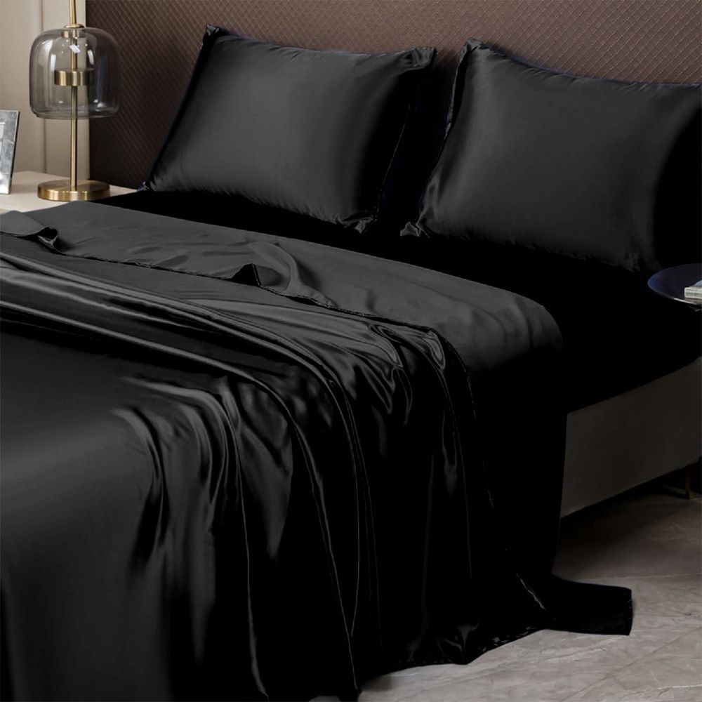 Queen Size Satin Sheet Sets, 3 Piece Silk Microfiber Bed Sheet Set, 1 Flat Sheet, and 2 Pillowcases, Cooling Soft Bedding, Blue