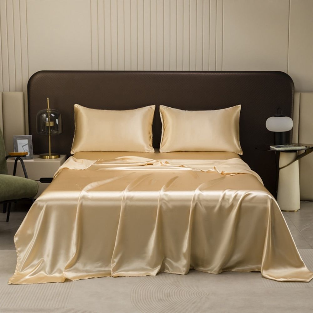 King Size Satin Sheet Sets, 3 Piece Silk Microfiber Bed Sheet Set, 1 Flat Sheet, and 2 Pillowcases, Cooling Soft Bedding, Black
