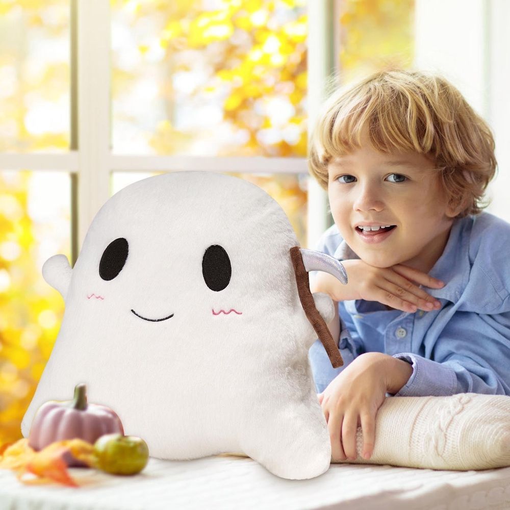 Halloween Pillows Cute Ghost Shaped Throw Pillow with Scythe, Decorative Spooky Pillows Soft Cosy Plush Sofa Cushion for Indoors Home Outdoor Couch Office Car Decor, 11.8'x13.8'