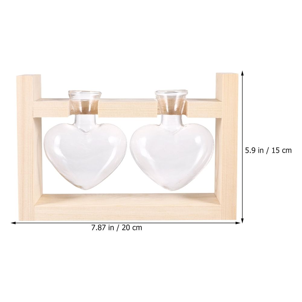 Heart Shaped Glass Vase with Wooden Stand for Hydroponic Plants and Flower Arrangement 2 Pieces