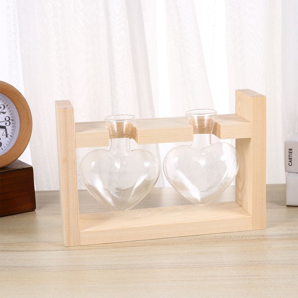 Heart Shaped Glass Vase with Wooden Stand for Hydroponic Plants and Flower Arrangement 2 Pieces