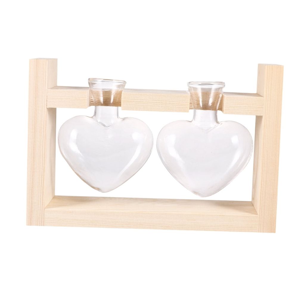 Heart Shaped Glass Vase with Wooden Stand for Hydroponic Plants and Flower Arrangement 2 Pieces