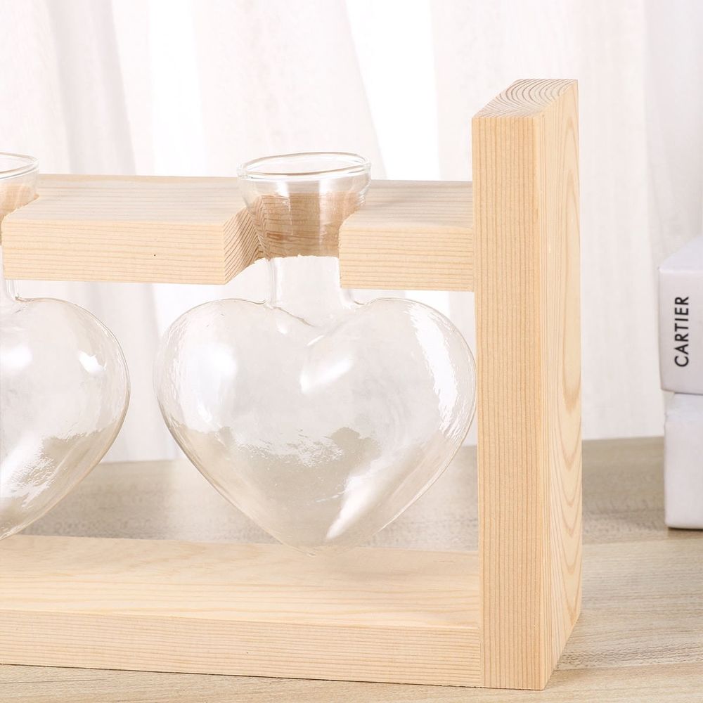 Heart Shaped Glass Vase with Wooden Stand for Hydroponic Plants and Flower Arrangement 2 Pieces