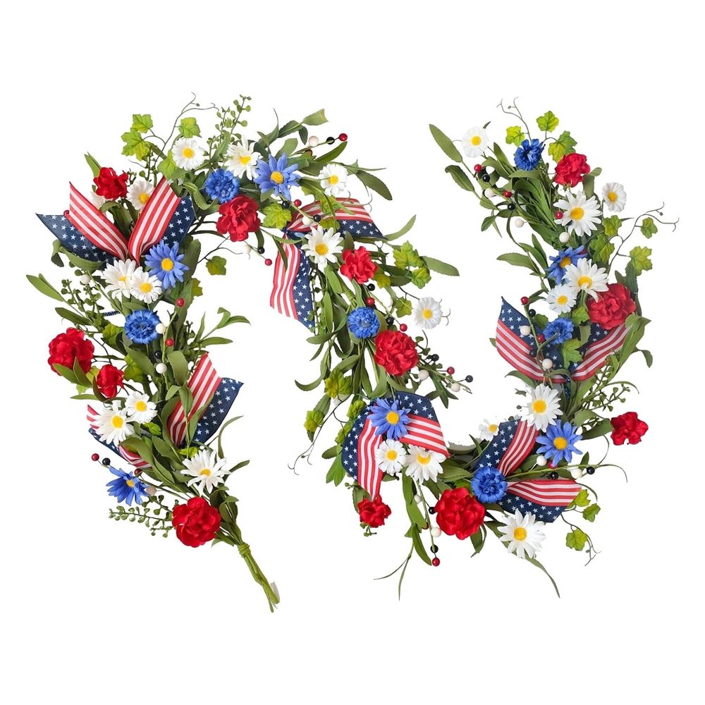 Artificial 4th Of July Garland Wreath Patriotic Garland with Red White & Blue Green Leaves Berries & Flag Bow for Wall Table Independence Day Memorial Day Indoor/Outdoor