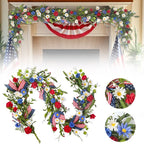 Artificial 4th Of July Garland Wreath Patriotic Garland with Red White & Blue Green Leaves Berries & Flag Bow for Wall Table Independence Day Memorial Day Indoor/Outdoor