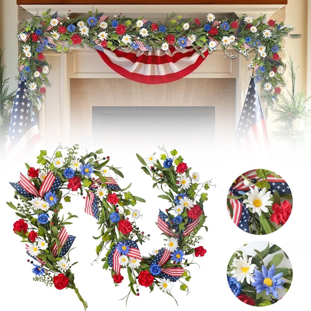 Artificial 4th Of July Garland Wreath Patriotic Garland with Red White & Blue Green Leaves Berries & Flag Bow for Wall Table Independence Day Memorial Day Indoor/Outdoor