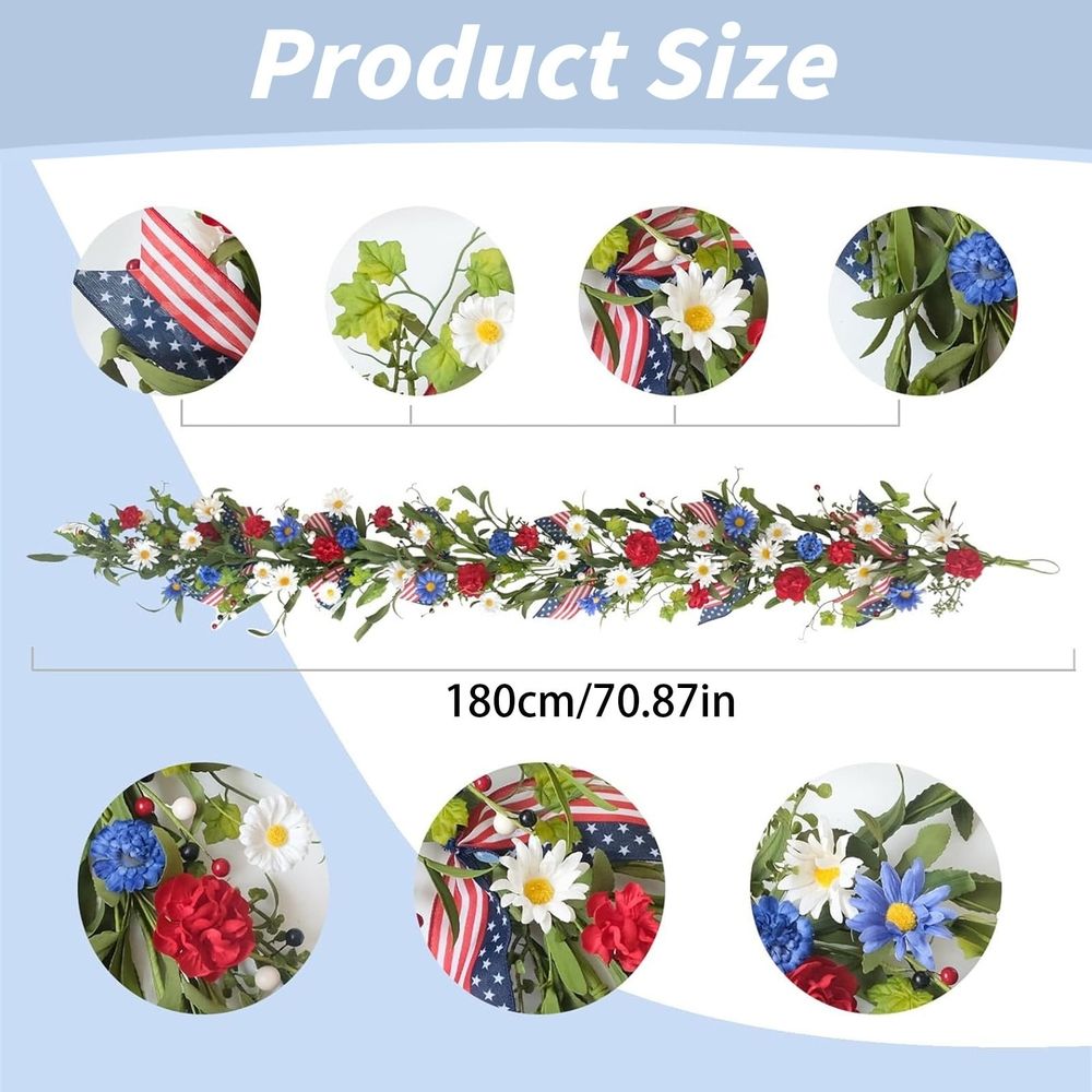 Artificial 4th Of July Garland Wreath Patriotic Garland with Red White & Blue Green Leaves Berries & Flag Bow for Wall Table Independence Day Memorial Day Indoor/Outdoor