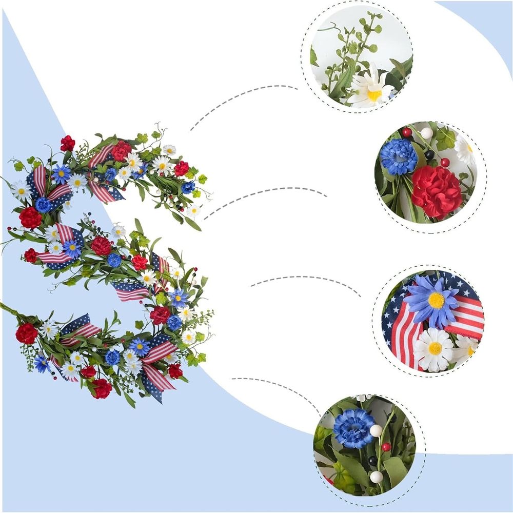 Artificial 4th Of July Garland Wreath Patriotic Garland with Red White & Blue Green Leaves Berries & Flag Bow for Wall Table Independence Day Memorial Day Indoor/Outdoor