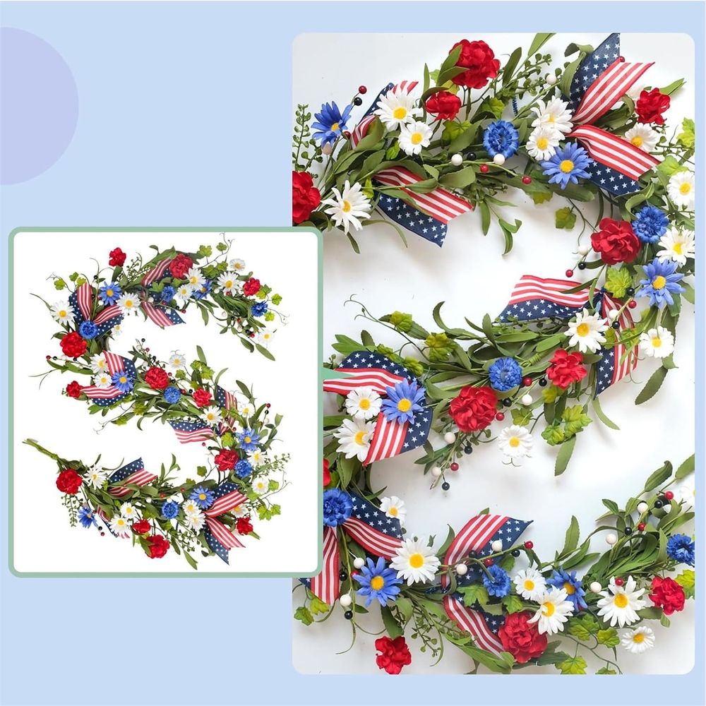 Artificial 4th Of July Garland Wreath Patriotic Garland with Red White & Blue Green Leaves Berries & Flag Bow for Wall Table Independence Day Memorial Day Indoor/Outdoor
