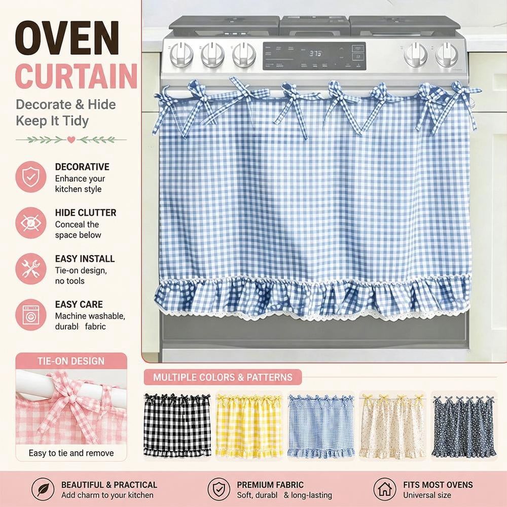Oven Skirt Curtain for Farmhouse Kitchen Decor, Plaid Stove Door Cover to Hide Clutter, 30x21 Polyester Tier Short Curtain with Lace Trim & Ribbon Ties, Oven Curtains Cover for Cottage Kitchen