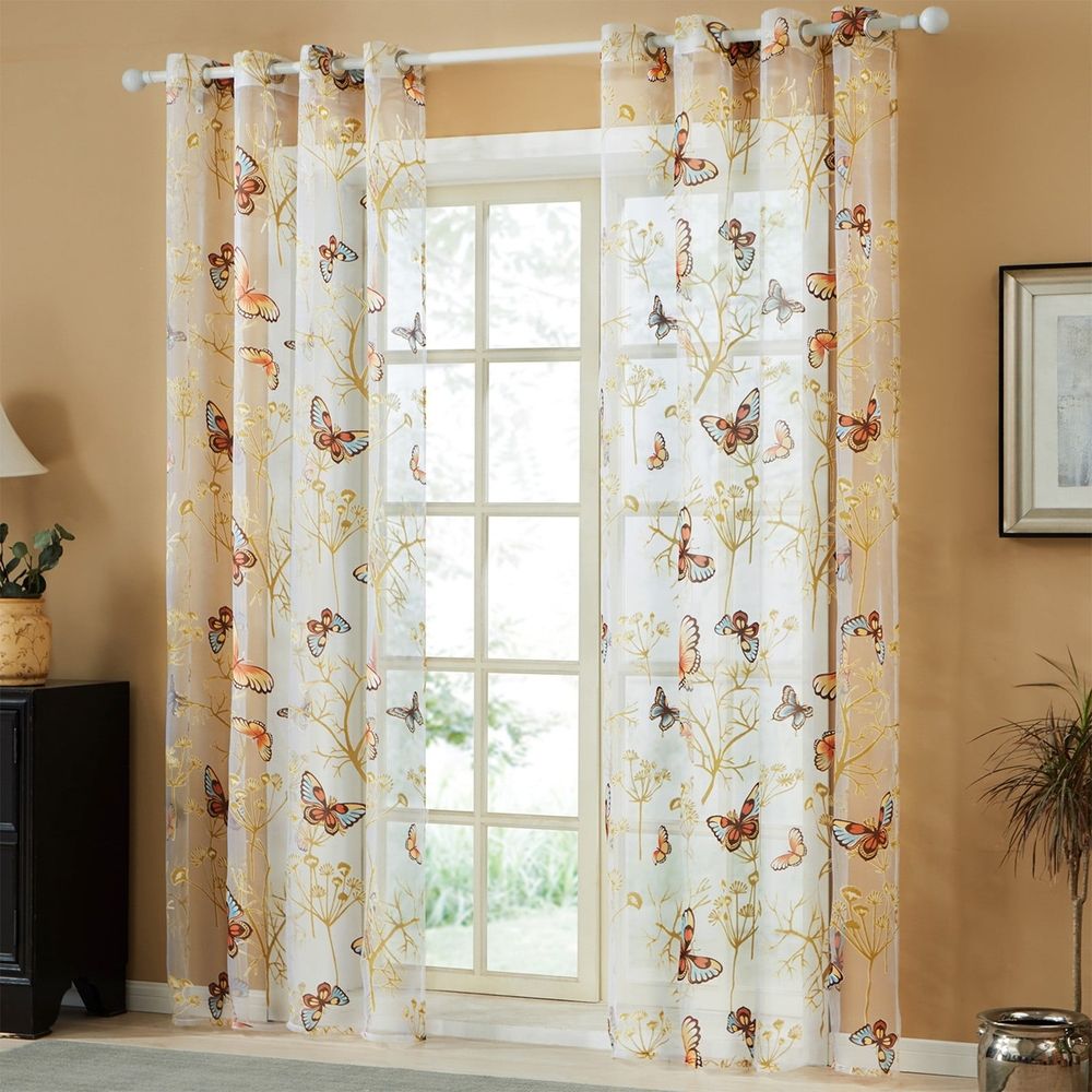 Modern Multicolor Floral Nature Rod Pocket Sheer Curtains, 39.37" x 106.30