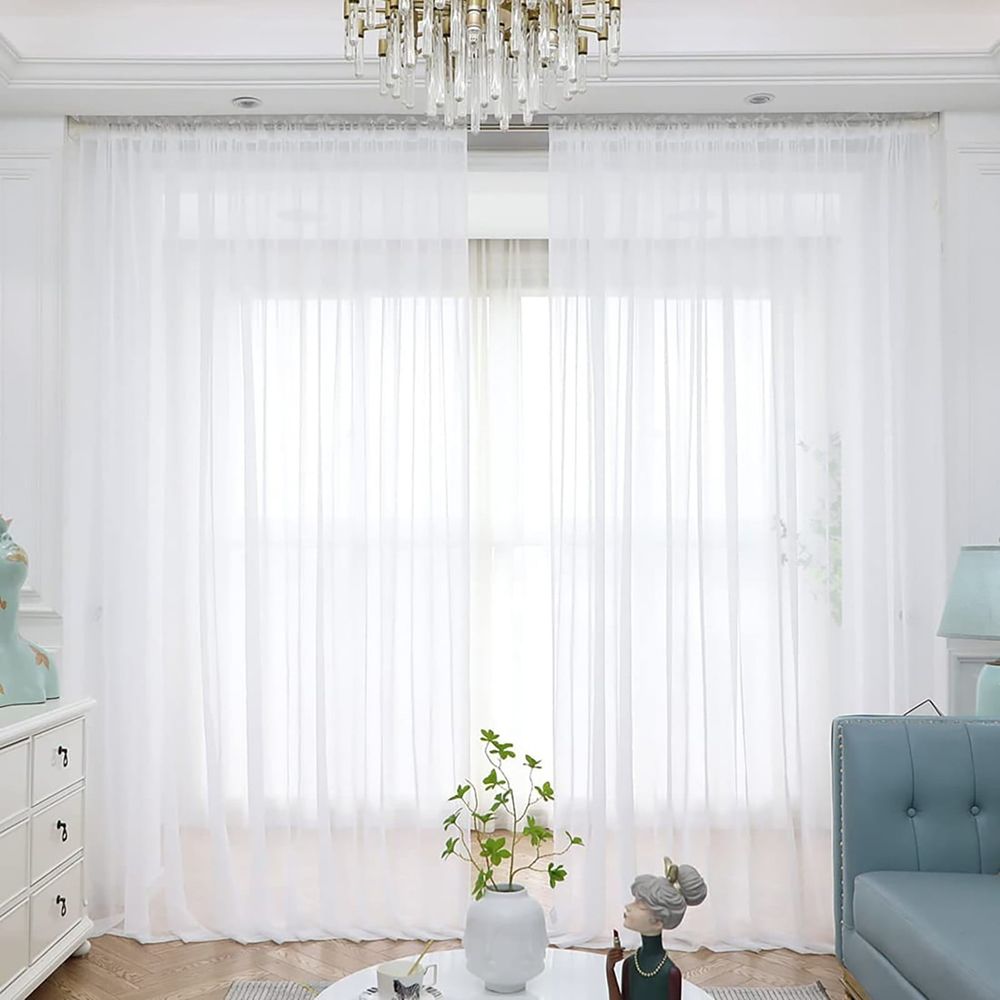 Curtains*2 Pieces White Sheer Curtains Linen Look Semi Transparent Voile White Curtains for Living Dining Room Drapes 54 X 84 Inch Long Set of 2 Panels White Sheer Curtains Linen Look
