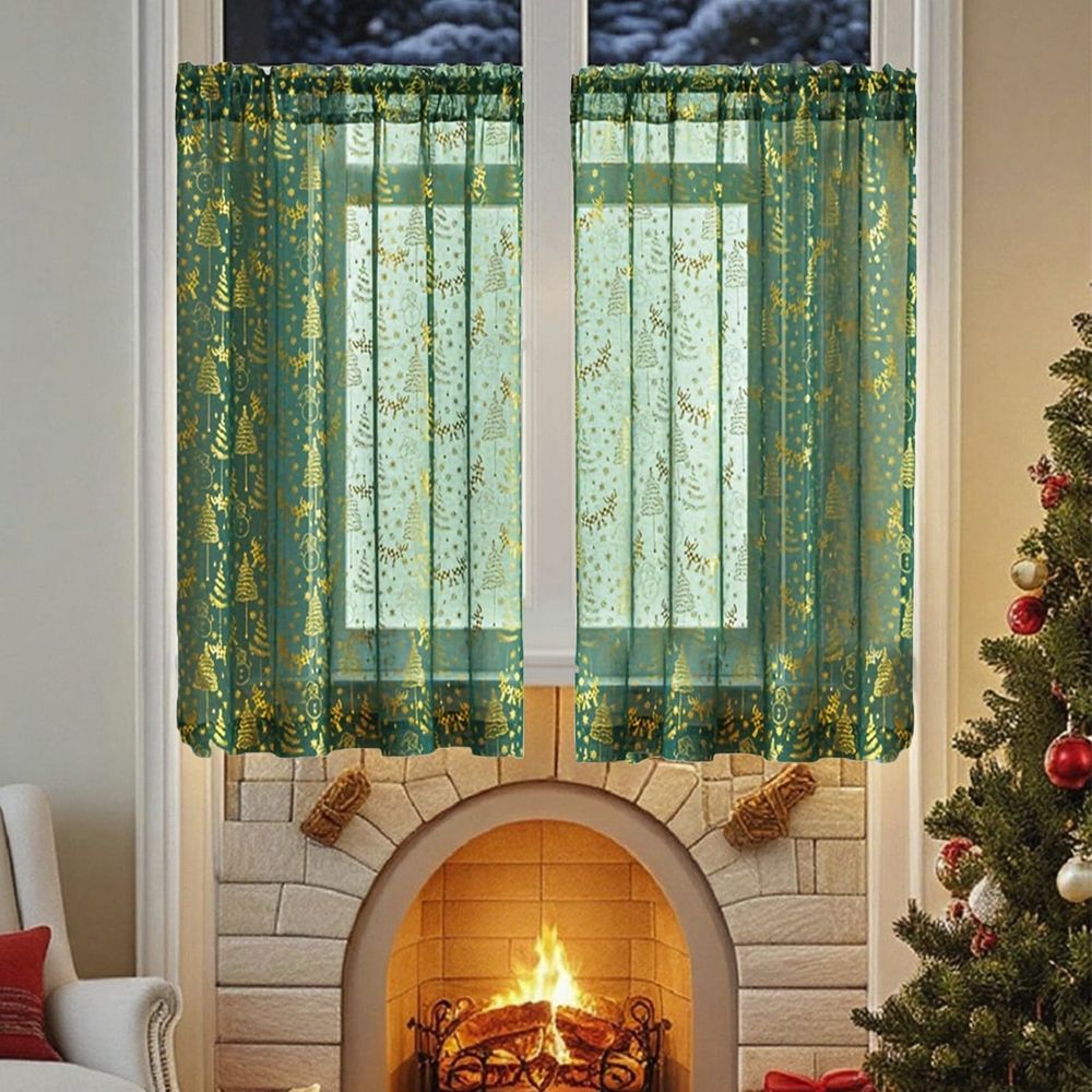 Christmas Sheer Curtains, 2 Packs 37*25" Green Sheer Short Curtains for for Living Room Kitchen Windows
