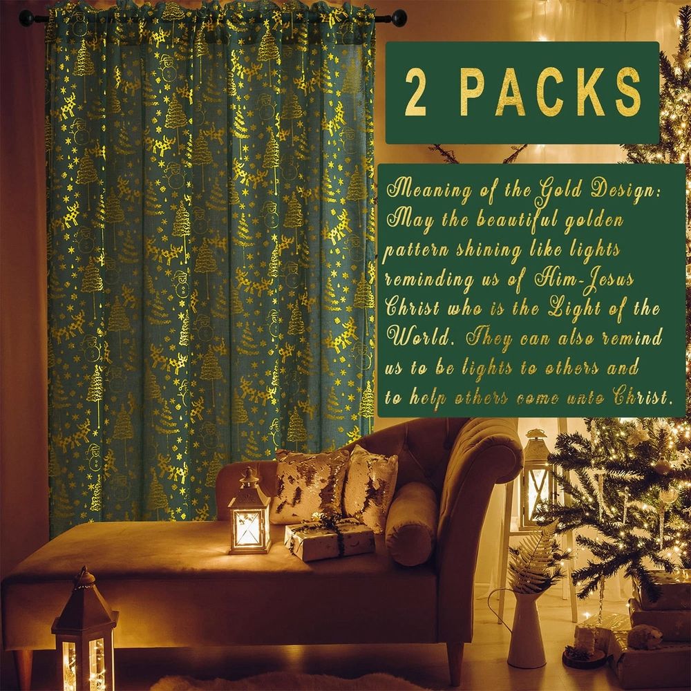 Christmas Sheer Curtains, 2 Packs 37*25" Green Sheer Short Curtains for for Living Room Kitchen Windows