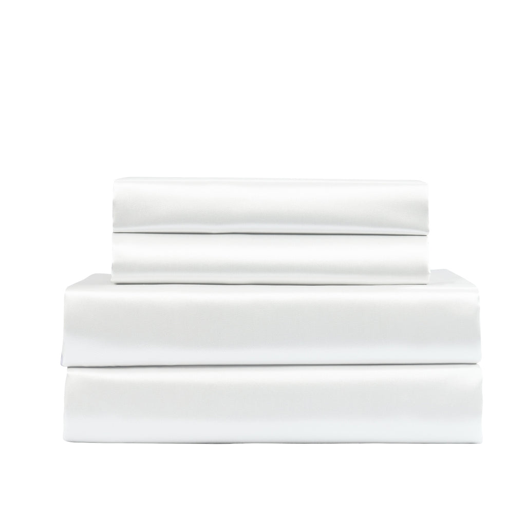 Royal Comfort Satin Sheet Set 4 Piece Fitted Flat Sheet Pillowcases  - King - White