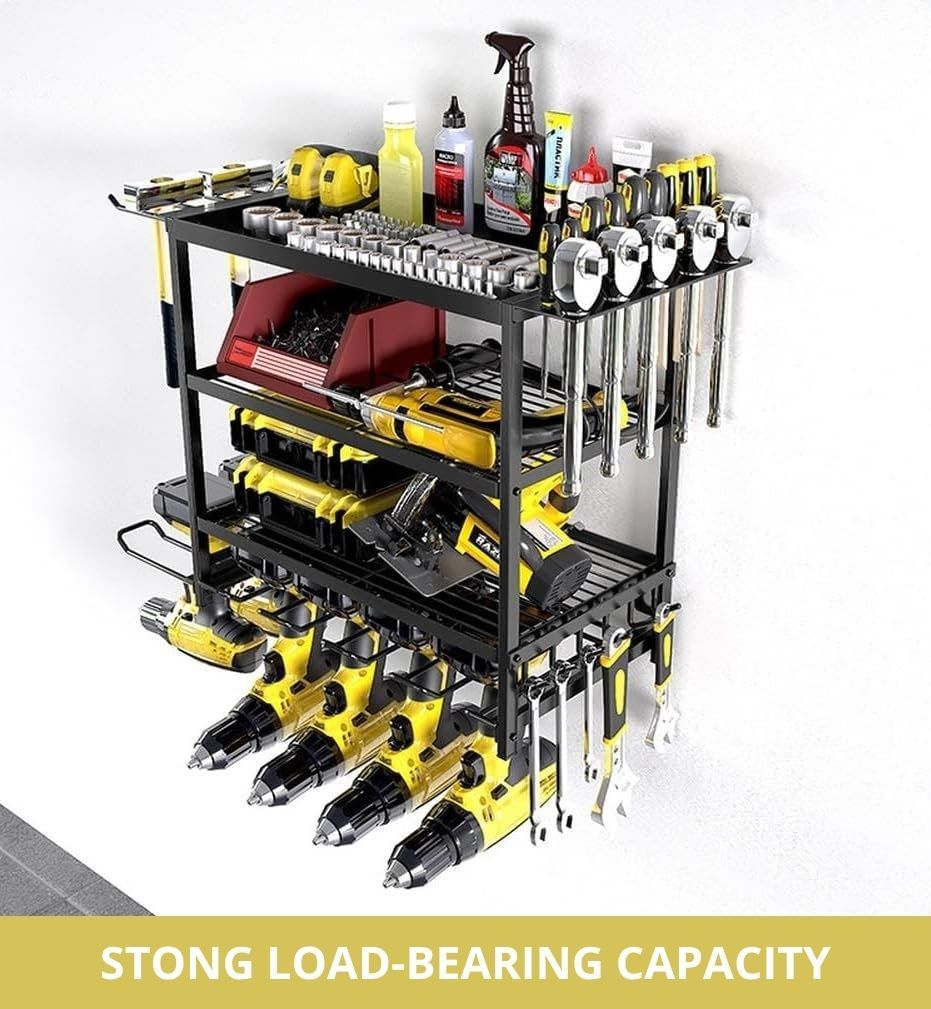 CARLA HOME 4-Tier Power Tool Rack Organizer Wall Mount with Drill Holder & Wrench Hooks for Cordless Tools & Workshop Organization