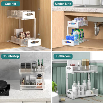 CARLA HOME 2 Pack Under Sink Organizer Pull Out Sliding Cabinet Storage Shelf with Height Adjustable for Kitchen, Bathroom or Laundry Room (White)