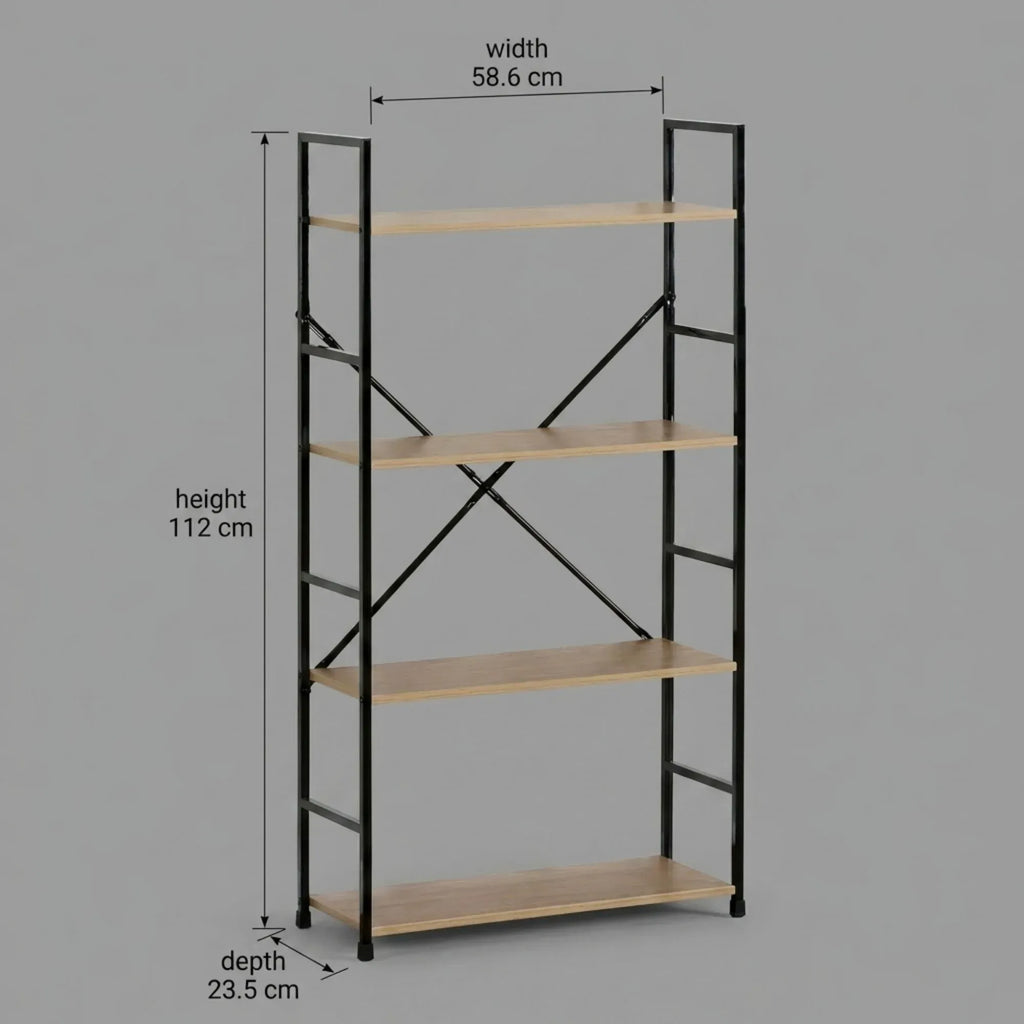 CARLA HOME 4 Tier Bookshelf - Industrial Display Shelf - Brown - Rustic - Steel - Living Room Office