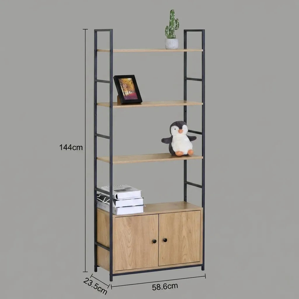 CARLA HOME Bookcase with Cabinet - 4 - Shelf Storage - Oak - Brown - Storage Cabinet