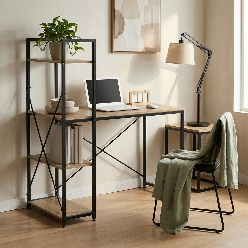 CARLA HOME Computer Desk with 4 Shelf Bookcase - Steel - Brown - Rustic - Office Desk Computer