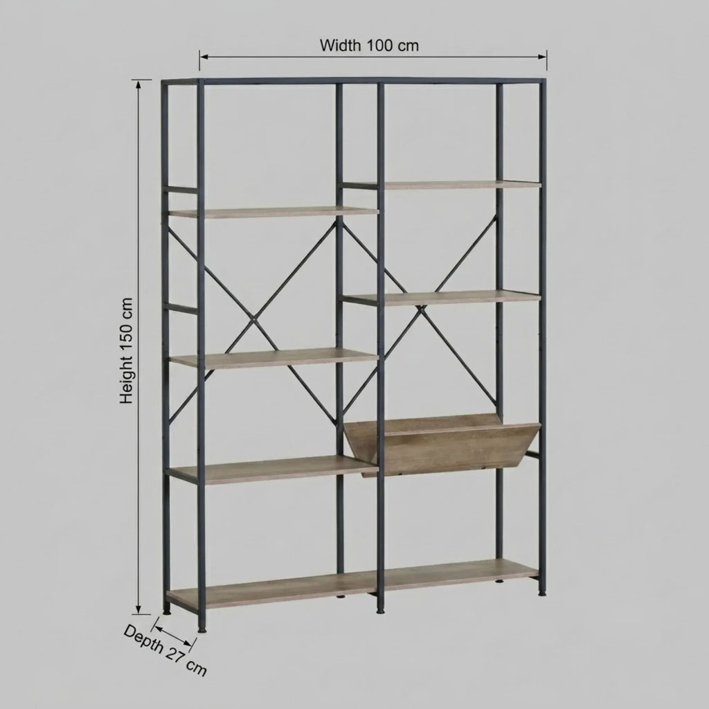 CARLA HOME 7 Shelf Bookcase - Wood Metal Display Shelf - Brown - Rustic - Steel - Living Room Office