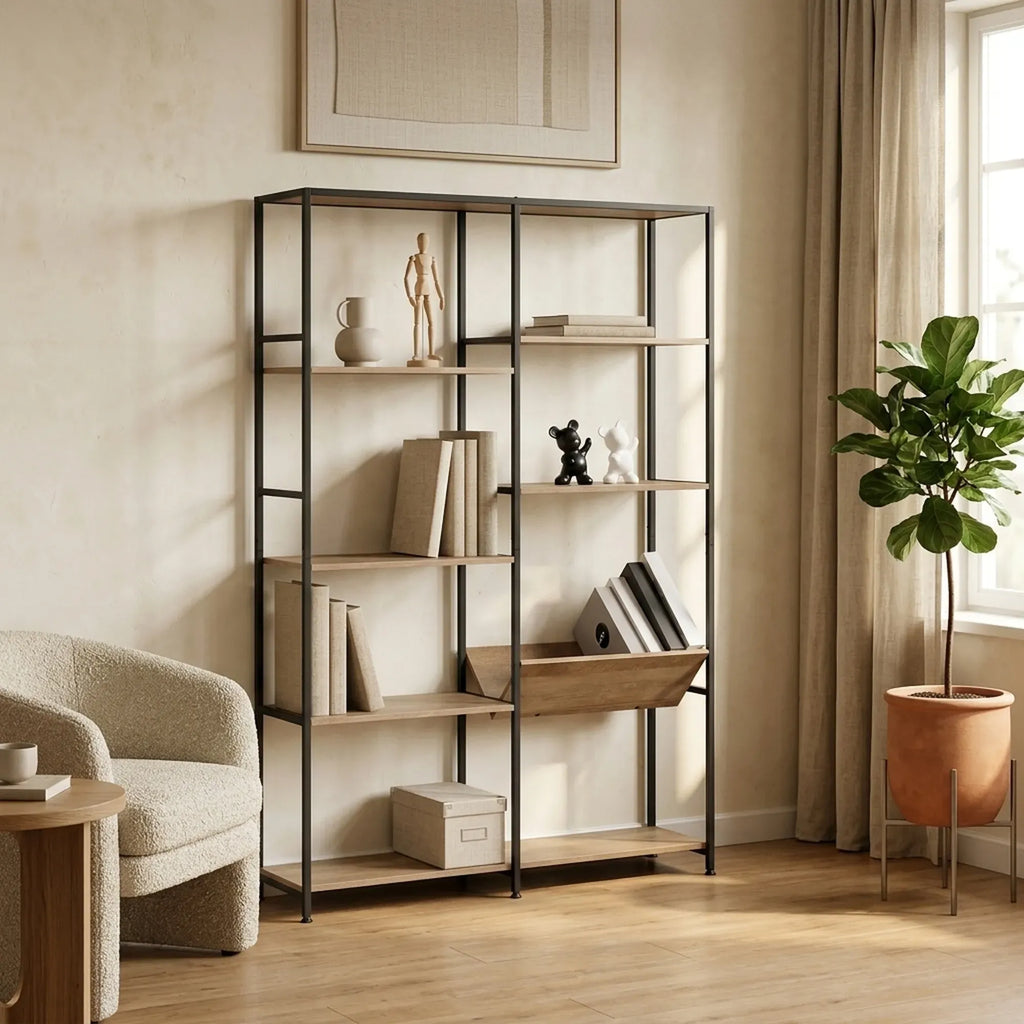 CARLA HOME 7 Shelf Bookcase - Wood Metal Display Shelf - Brown - Rustic - Steel - Living Room Office