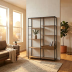 CARLA HOME 7 Shelf Bookcase - Wood Metal Display Shelf - Brown - Rustic - Steel - Living Room Office