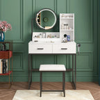 White Black Dressing Table Stool Set with LED Lights and Charging Station, 80x136cm