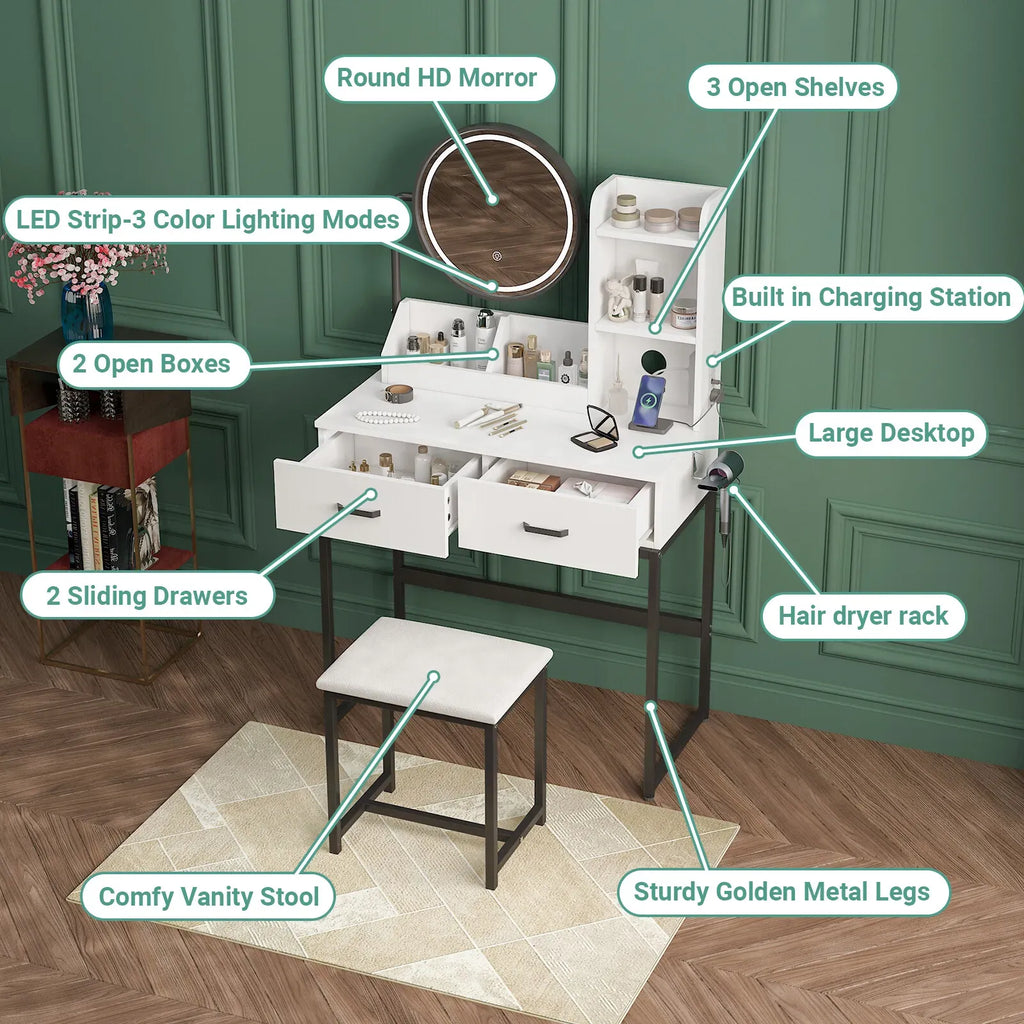 White Black Dressing Table Stool Set with LED Lights and Charging Station, 80x136cm