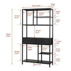 Metal Bookcase With Drawers, Dark Walnut & Black, 90x30x180cm, 6 Shelves