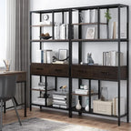 Metal Bookcase With Drawers, Dark Walnut & Black, 90x30x180cm, 6 Shelves