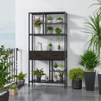 Metal Bookcase With Drawers, Dark Walnut & Black, 90x30x180cm, 6 Shelves
