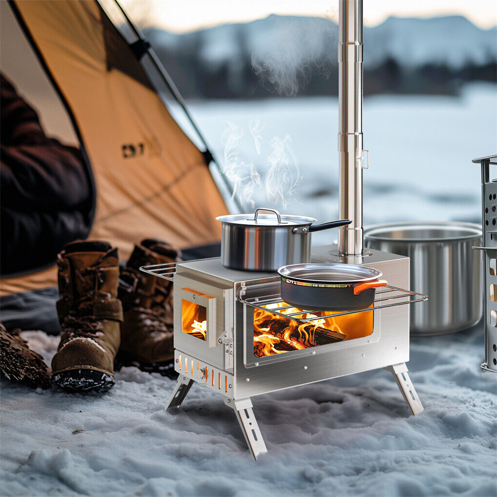 Stainless Steel Wood Burning Stove 1 Burner Camping BBQ with Chimney