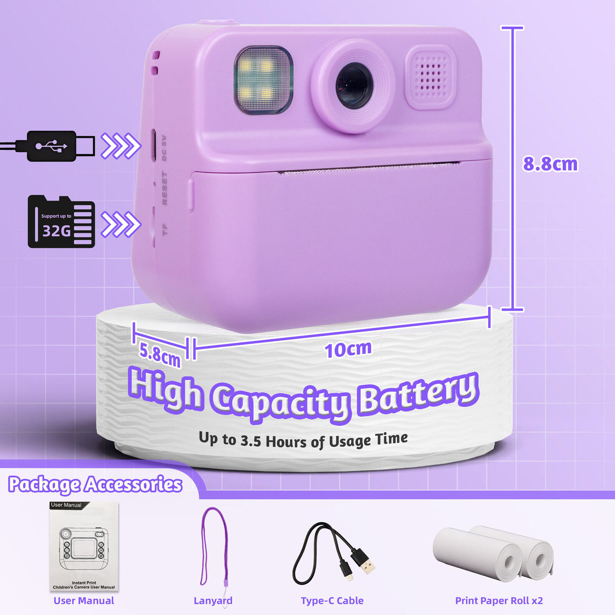 Kids 48MP Instant Print Camera with Dual Lens and 1080P HD Video