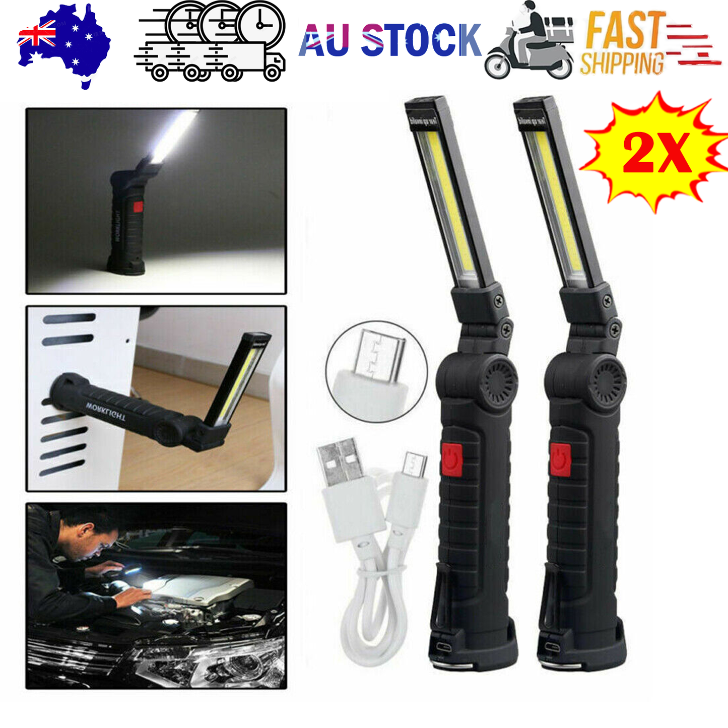 Portable COB LED Work Light Car Garage Mechanic USB Rechargeable Torch Lamp AU