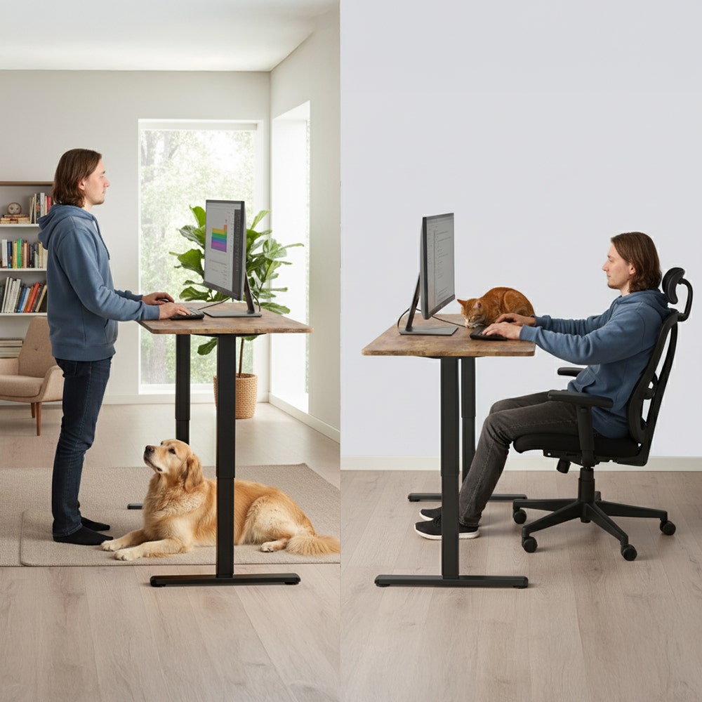 FORTIA Sit to Stand Standing Desk, 160x60cm, 72-118cm Electric Height Adjustable, Walnut Style Desktop/Black Frame