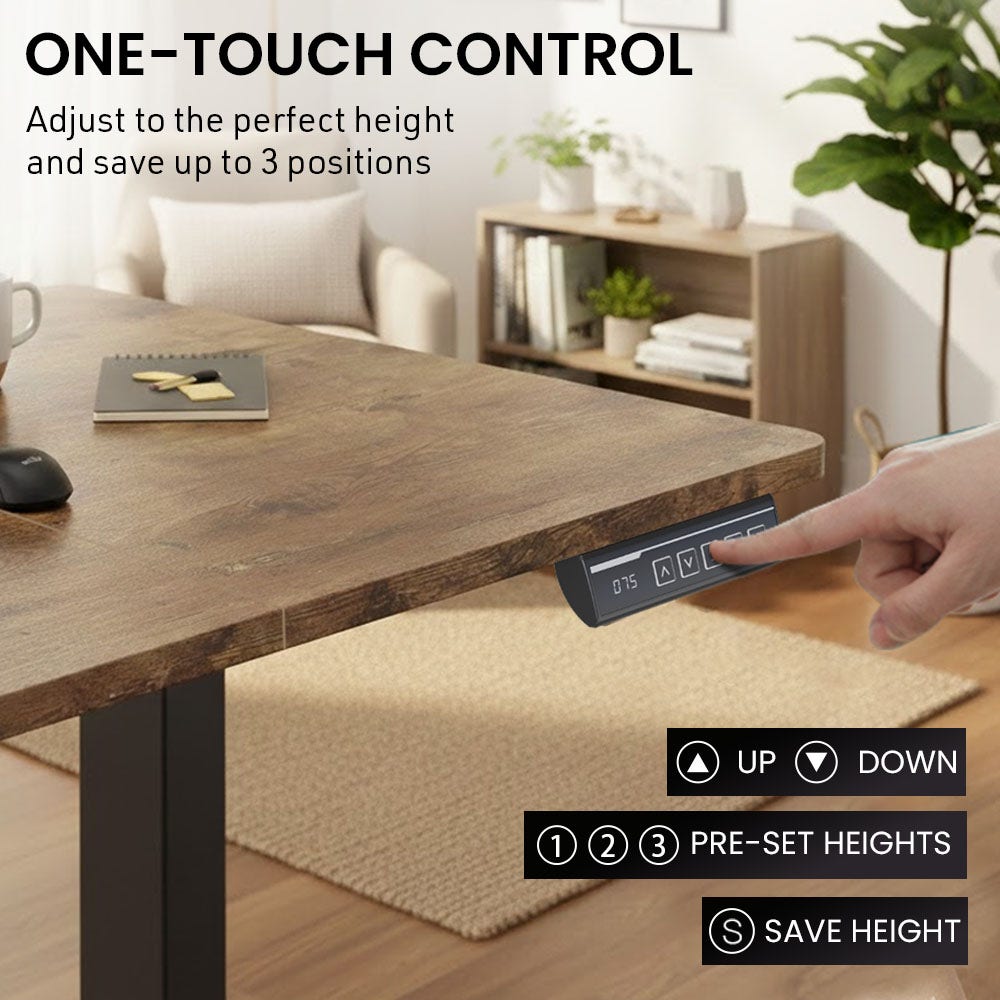 FORTIA Sit to Stand Standing Desk, 160x60cm, 72-118cm Electric Height Adjustable, Walnut Style Desktop/Black Frame