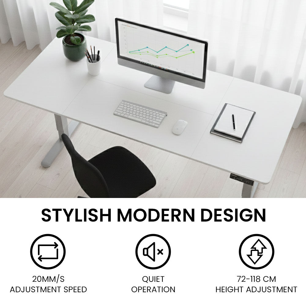 FORTIA Sit to Stand Standing Desk, 160x60cm, 72-118cm Electric Height Adjustable, White Desktop/Silver Frame