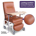EQUIPMED Mobile High-Back Reclining Day Chair, Adjustable and Removable Meal Tray, Drop Down Armrests, 3 Heights, Leg Rest, Waterproof Leatherette