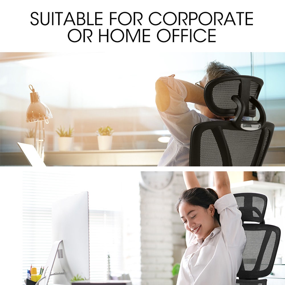 Fortia Ergonomic Office Desk Chair, Coolmesh Fabric, Adjustable Lumbar Support, Headrest, Armrest and Recline, Black Mesh/Black Frame