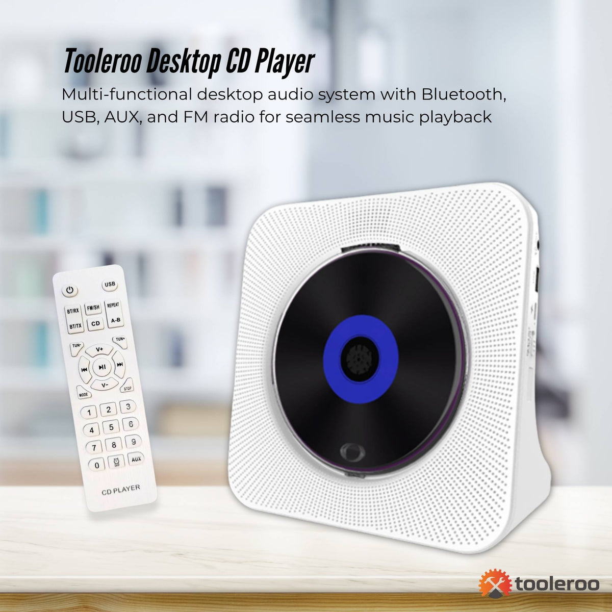 Tooleroo USB Rechargeable Desktop CD Player Speaker – Bluetooth Portable White