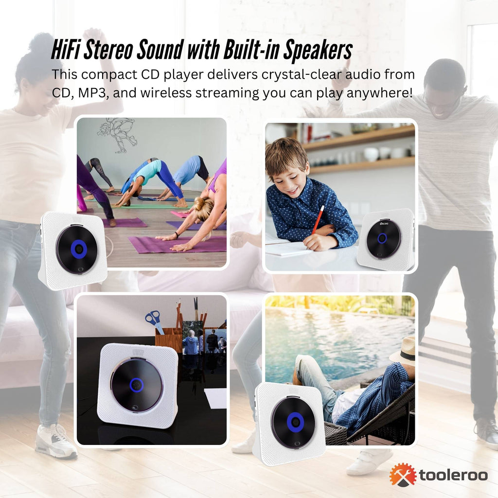 Tooleroo USB Rechargeable Desktop CD Player Speaker – Bluetooth Portable White