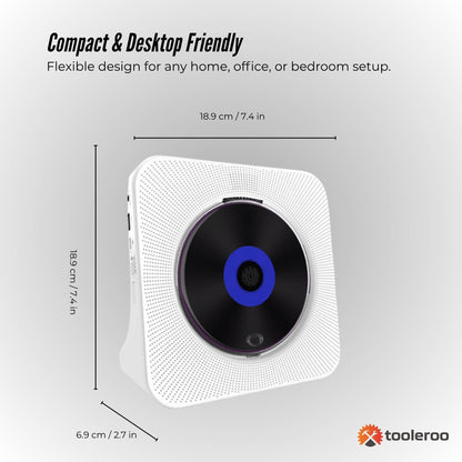 Tooleroo USB Rechargeable Desktop CD Player Speaker – Bluetooth Portable White